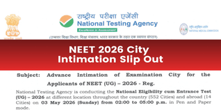 NEET 2026 City Intimation Slip Out; Exam on May 3